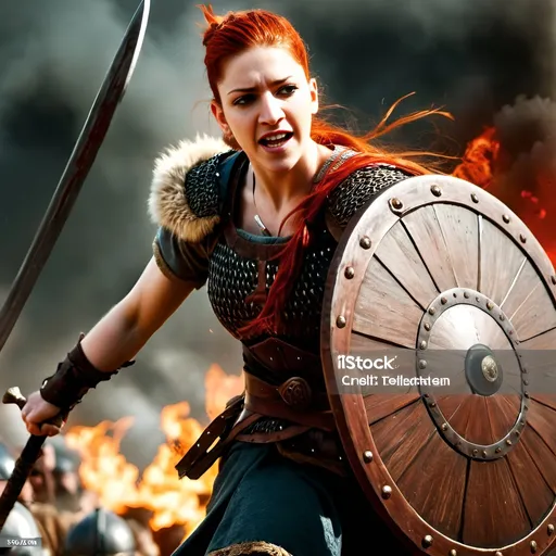 Prompt: Fierce and angry redhead Viking shield maiden in the fierce battle yelling, surrounded by the enemy warriors, blood splattering, killing enemy warriors with her sword, war, carnage, fire, smoke, intense action, chaotic scene, high-quality, realistic, historical, dramatic lighting, fierce expression, battle-worn armor, detailed sword, red and fiery tones, VIking atmosphere