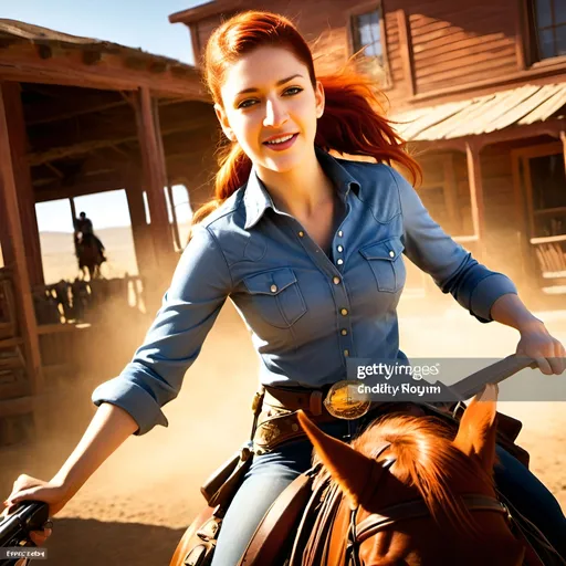 Prompt: Redhead cowgirl riding a horse through a wild west saloon, sunny day, cowboy hat, firing two colt revolvers, horseback action, dusty atmosphere, high quality, western style, vibrant colors, dynamic lighting, detailed facial features, intense gaze, traditional oil painting, action-packed, old west, wild west, dusty environment, vibrant sunlight