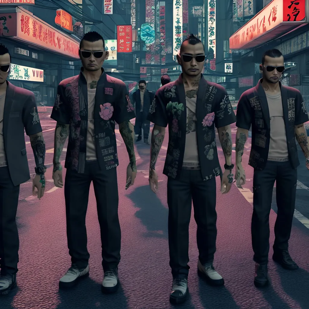 Prompt: four  yakuza members cyberpunk


