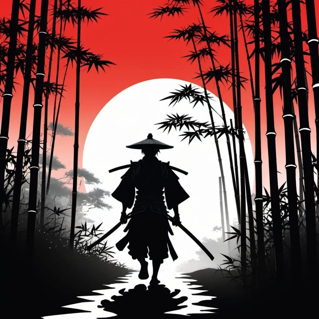 Prompt: Black silhouette on solid white Background. A disheveled samurai, dragging samurai armor, walks a path through a thick bamboo forest. At the paths end is a torii gate, beyond the torii gate is a solid red sun, 1/2 set below the horizon
