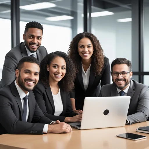 Prompt: Background: A gradient of black, and white with a subtle texture representing growth and security.  Central Image: A photo of a diverse latin group of business people in a modern office setting, all smiling and collaborating on a laptop displaying a strong Wi-Fi signal icon.    Blazing-Fast Wi-Fi: Keep your team connected and productive. Enhanced Security: Protect your data and devices from cyber threats. Reduced Downtime: Minimize disruptions and maximize efficiency. Expert Network Solutions: Custom-designed networks for your business needs.

leave space for text and logo