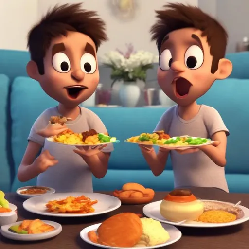 Prompt: Twin brothers sharing  food
Animated 3d pictures 