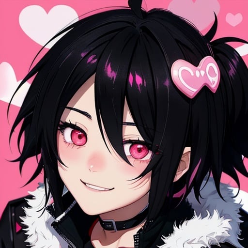 Prompt: hot, obsessive anime boy with red eyes with pink hearts in them, black fluffy hair that nearly covers the eyes, emo, dark clothing and a bandage on nose bridge with a heart on it smiling crazily at the camera, beautiful lighting, leaning towards the camera, 3d anime

