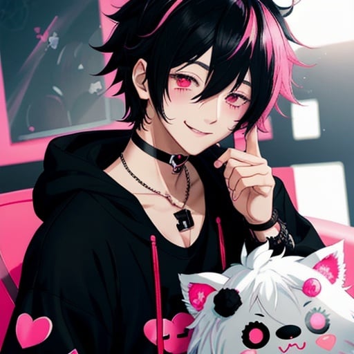 Prompt: cute, obsessive anime boy with red eyes with pink hearts in them, black fluffy hair that nearly covers the eyes, emo, dark clothing and a bandage on nose bridge with a heart on it smiling crazily at the camera, beautiful lighting, leaning towards the camera, 3d anime