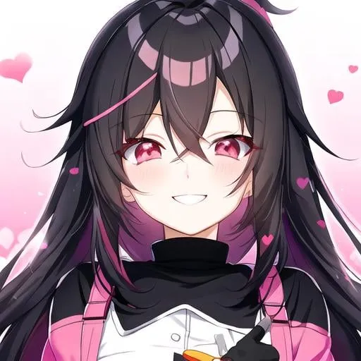 Prompt: cute, obsessive anime boy with red eyes with pink hearts in them, black fluffy hair that nearly covers the eyes, emo, dark clothing and a bandage on nose bridge with a heart on it smiling crazily at the camera, beautiful lighting, leaning towards the camera, 3d anime