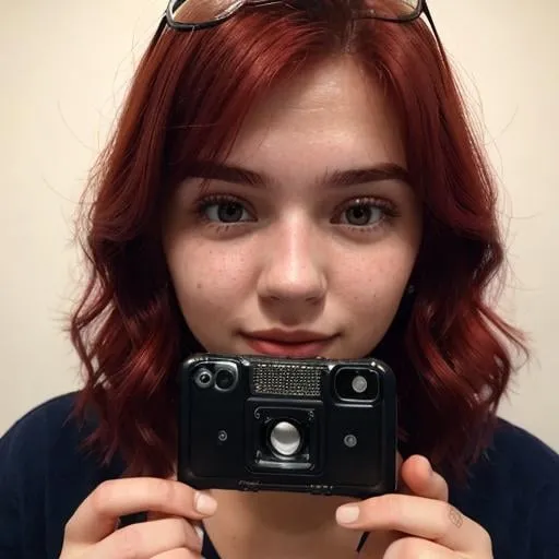 Prompt: 19years old, beautiful girl, dyed red hair, dark room cute selfie