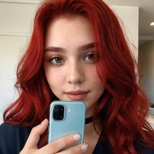 Prompt: 19years old, beautiful girl, dyed red hair, cute selfie