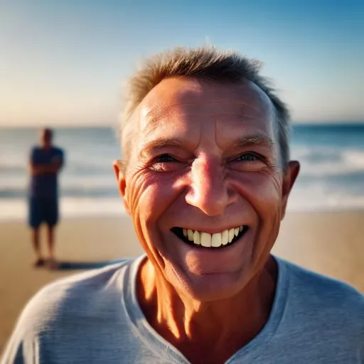 Prompt: Hyperrealistic happy man in beach watching at the camera  Sun from behind the camera 