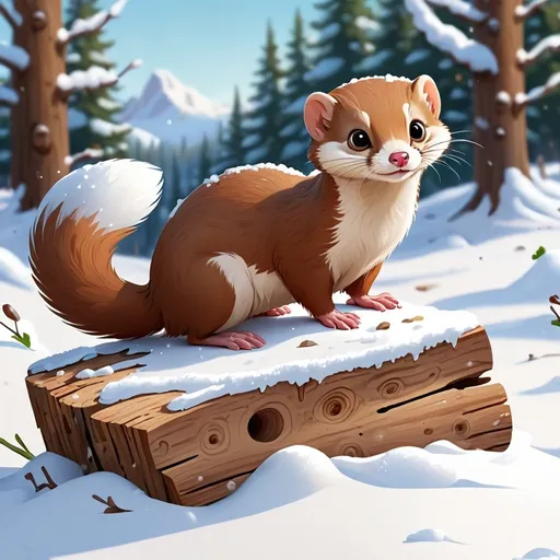 Prompt: A Weasel cartoonish in the snow around a piece of wood