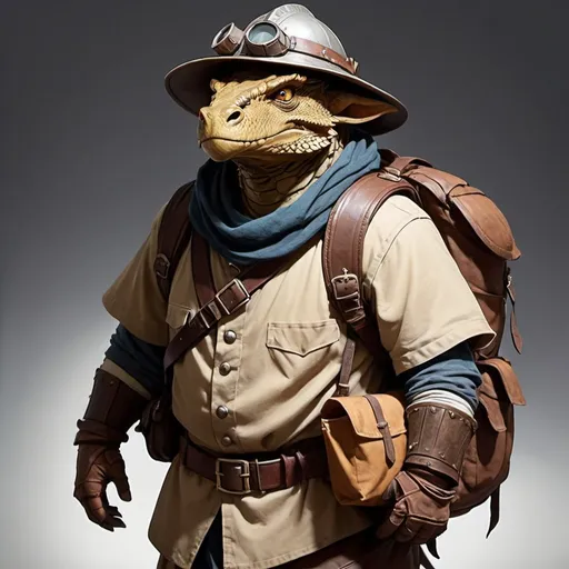 Prompt: a rotund dungeons and dragons dragonborn male wearing a medieval archaeologist costume with a pith helmet and goggles carrying a massive backpack.