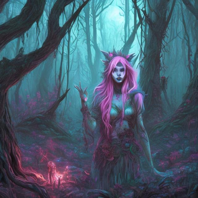 Prompt: 8k, lsd trip, elf, mistic, dark, forest, suicidal, pink, horror, blood, a forest witch biting a desperate 1 child