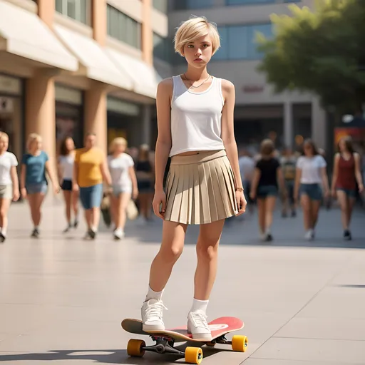 Prompt: Sporty tomboy style young woman, very short blonde hair, pert nose, boyish facial features, flat chest, small waist, androgynous and (neutral proportions), wearing pleated mini skirt, sporty shoes, sleveless top, outdoor mall setting, (standing on a skateboard), lively atmosphere, sunlit environment, youthful dynamic, ultra-detailed, HD quality, showcasing confidence and casual vibes.