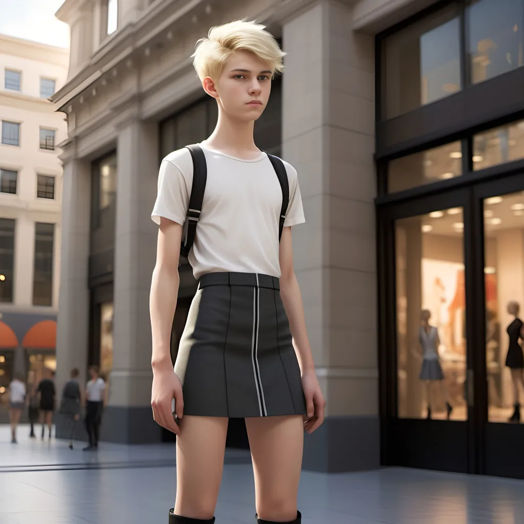 Prompt: photorealistic, modern 17-year-old androgynous young man, attractive, tall, slender, soft skin,
(blonde color hair, random ultra short natural hair), (European soft boyish facial features), 
exquisitely small waist, wearing A-line mini skirt, 
wearing ankle high boot, (standing outside building mall), dramatic contrasts of light, (highly detailed), (HD).