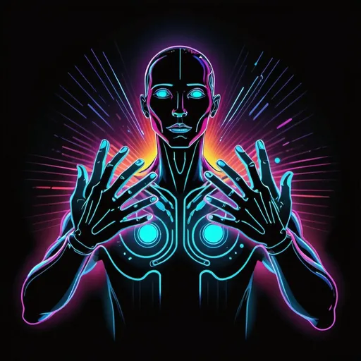 Prompt: A cybernetic being reaching out to touch hands with a human, portrayed in a futuristic and surreal artistic style, conveying a sense of longing and connection, with neon lights casting vibrant hues onto the characters, creating a mesmerizing atmosphere. T-shirt design graphic, vector, contour, black background.