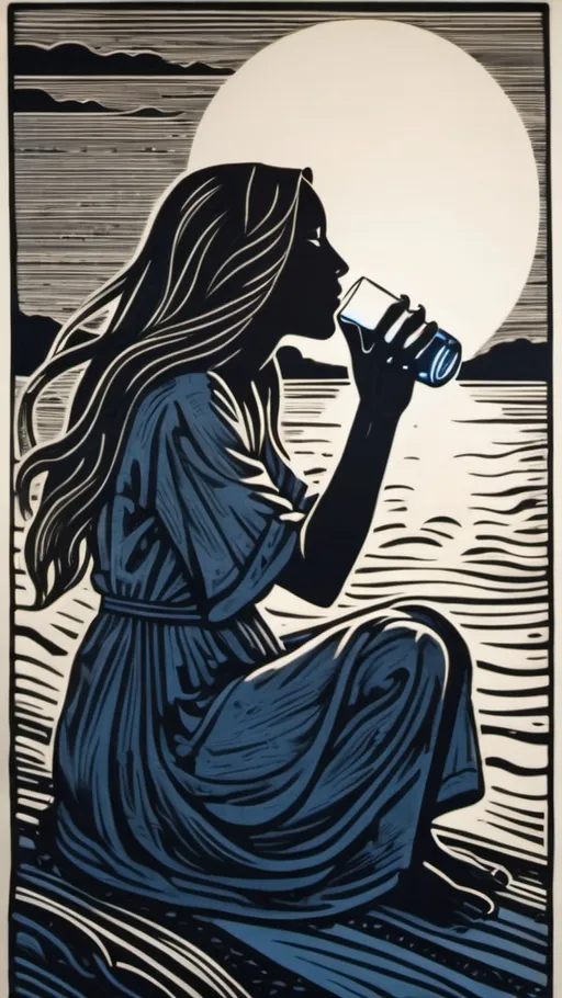 Prompt: woman sitting drinking water in a glass, her long hair hanging down to the ground, the sun in the background for lighting,  zoom out, full body, with dramatic line background, detail, detailed in the style of Linocut print --niji 6