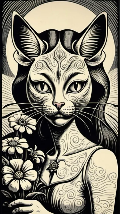 Prompt: surreal three-eyed cat-headed woman carrying a flower against a dramatic line background, highly detailed in the style of Linocut print --niji 6