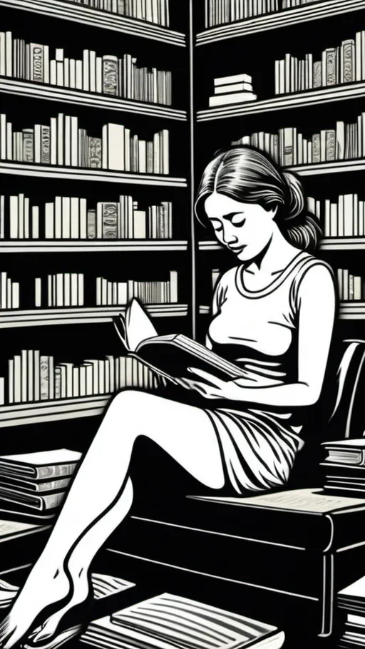 Prompt: woman sitting reading a book in a library filled with books and clear, zoom out, fullbody, with dramatic line background, very detailed in the style of Linocut print --niji 6