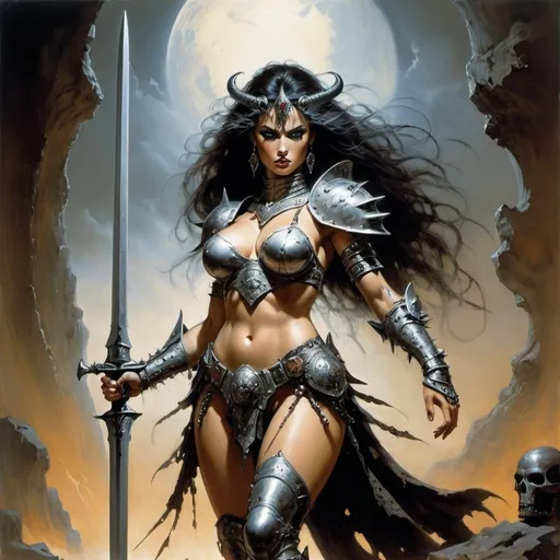 Prompt: A full-body shot of a strikingly beautiful goddess of war, combining the dramatic, dynamic style of Frank Frazetta with the sensual, detailed artistry of Luis Royo. She stands in a powerful pose, her armor intricately designed with mythical motifs, blending ferocity and grace. The background is a chaotic battlefield bathed in otherworldly light, highlighting her commanding presence.