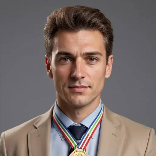 Prompt: head and shoulder image of a businessman who has won medals at the Paris 2024 olympics, nice hair, blank background studio quality in a shirt and jacket.