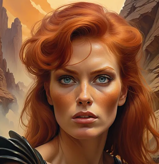 Prompt: A towering and stunningly beautiful redheaded woman, her fierce eyes blazing with determination. The backdrop is an otherworldly planet with eerie, luminescent flora and jagged rock formations, capturing the dynamic and vibrant style of Julie Bell and Frank Frazetta. Use the headshot image provided as the face of the woman.