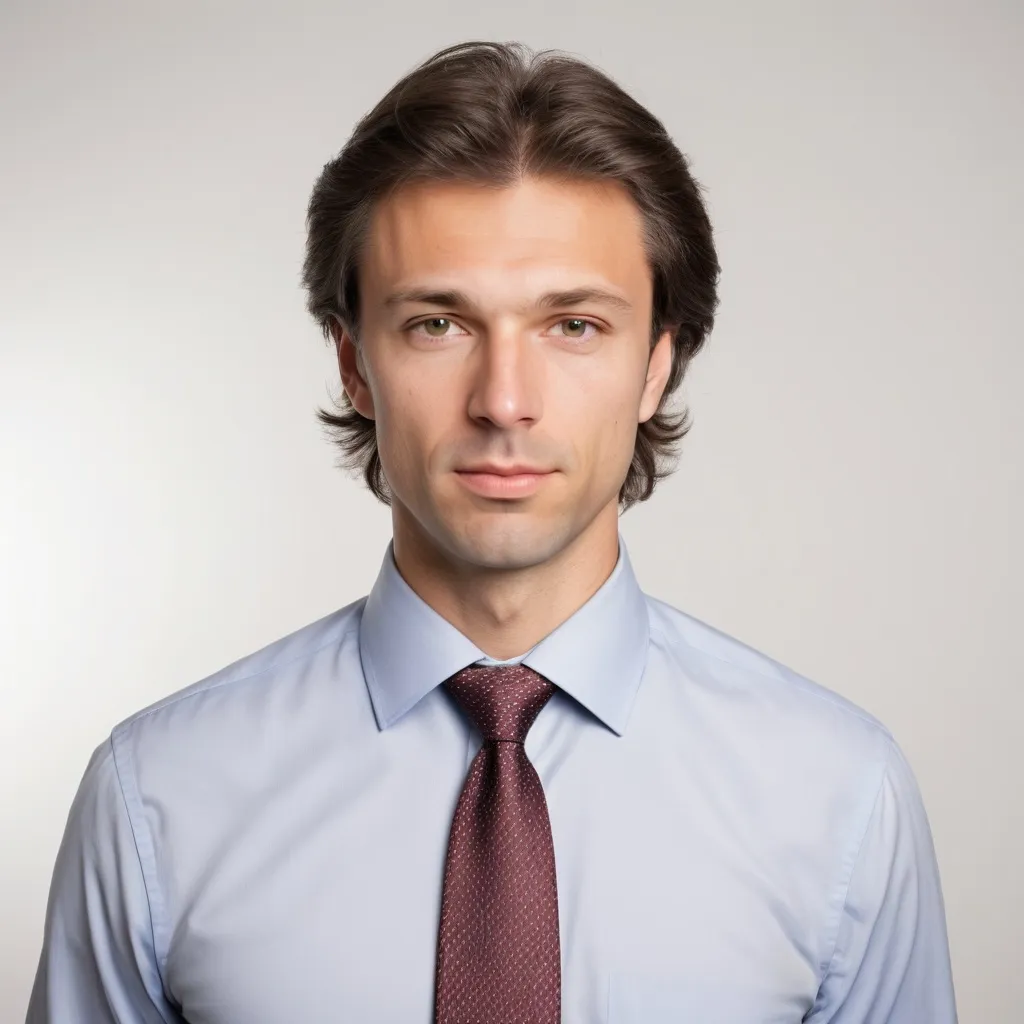 Prompt: Camera quality head and shoulder image of a Caucasian   businessman, nice hair, blank background studio quality in a shirt and tie