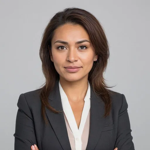 Prompt: head and shoulder image of a Māori businesswoman, nice hair, blank background studio quality in a blouse and jacket.