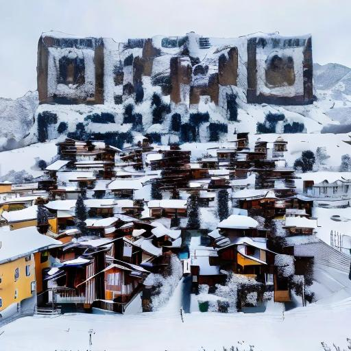 Prompt: a snowy village with mountains on the back