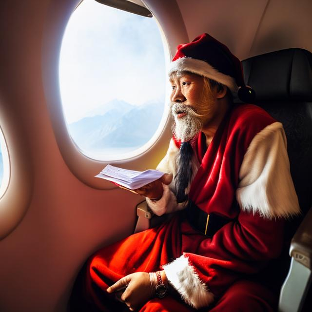 Prompt: A character called Santa( not Santa clause but make it  a lousy Bhutanese character) sitting next to a window in a plane and a lady complaining to him