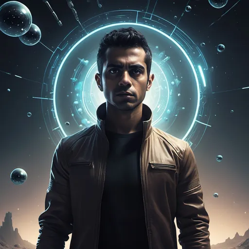 Prompt: "Create a dark, futuristic cover for a sci-fi series titled 'proyecto quantum' The image features Manuel, the protagonist, standing at the center. He is a man in his 25s with a determined expression, wearing worn-out clothes from his rough journey. He is raising one hand, controlling bright atoms that float around him like small glowing spheres of different colors (blue, green, and purple), as they seem to disintegrate or reconfigure.

In the background, a ruined scientific structure (the Atlas Corp lab) is half-destroyed, with sparks of atomic energy visible in the distance, adding a sense of chaos. The sky is dark with dense clouds, and there's an orange sunset on the horizon. The 'Atlas Corp' logo appears in the top-left corner, blurry and menacing. The atmosphere is tense and ominous, blending advanced technology with destruction."