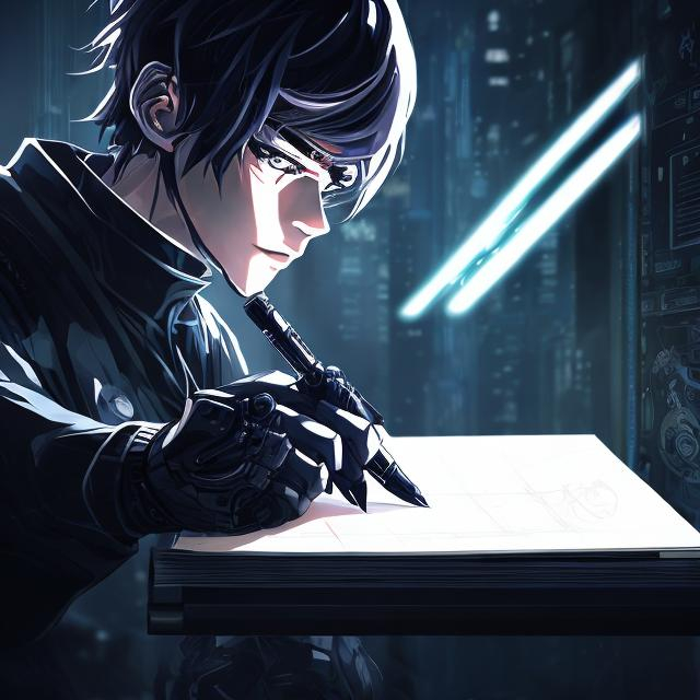 Prompt: Anime-style illustration of a skilled individual, writing 'Elite Squad', futuristic cybernetic pen, intense focus, dark and moody lighting, detailed eyes, highres, ultra-detailed, anime, cybernetic pen, intense focus, futuristic, dark and moody, skilled individual