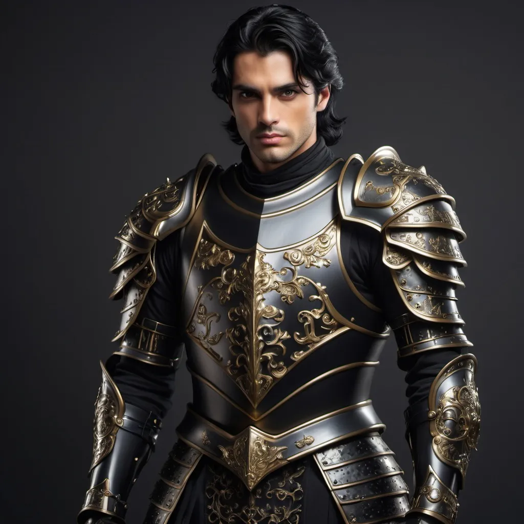 Prompt: Male, handsome with black hair, and dark eyes, wearing a suit of black gilded knight armor