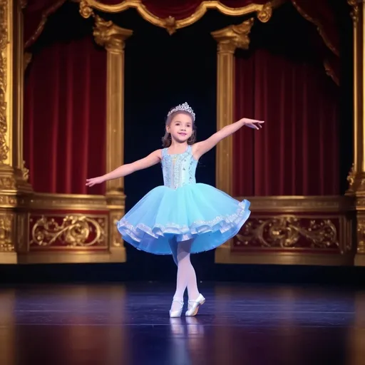 Prompt: a beautiful little girl dances on the stage in the theater, full length. baroque, adorable, beautiful, detailed, colorful, breathtaking, masterpiece,hyper detailed, photorealistic, uhd 32k