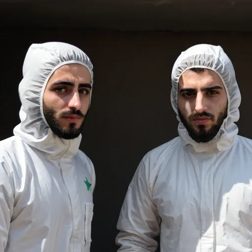 Prompt: two young syrian men with beards in white hazmat suits 