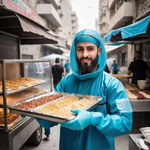 Prompt: young palestinian man with beard in blue hazmat suit selling shawarma in a big city