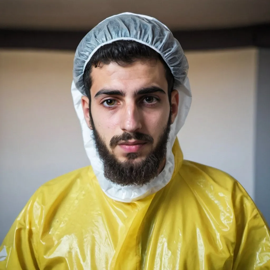 Prompt: a young syrian man with beard in hazmat suit