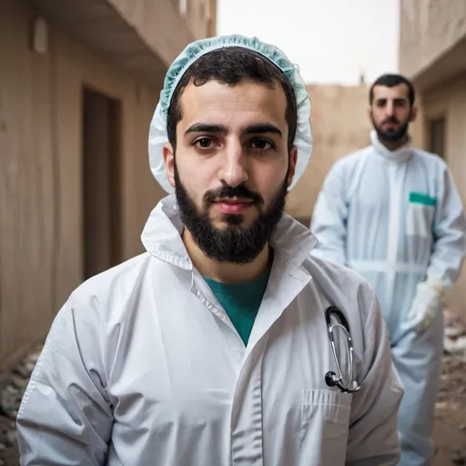 Prompt: young syrian doctor with beard in white hazmat suit 