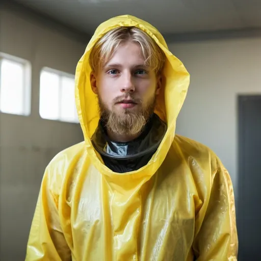 Prompt: young blond man with beard in hazmat suit