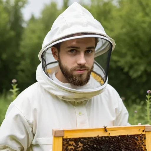 Prompt: young man with beard in beekeeper suit