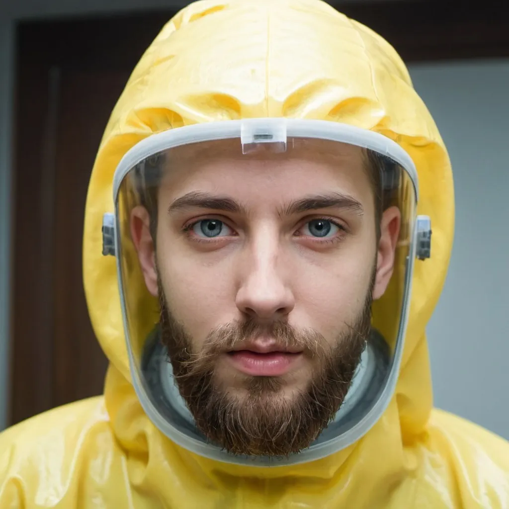 Prompt: young man with beard in hazmat suit