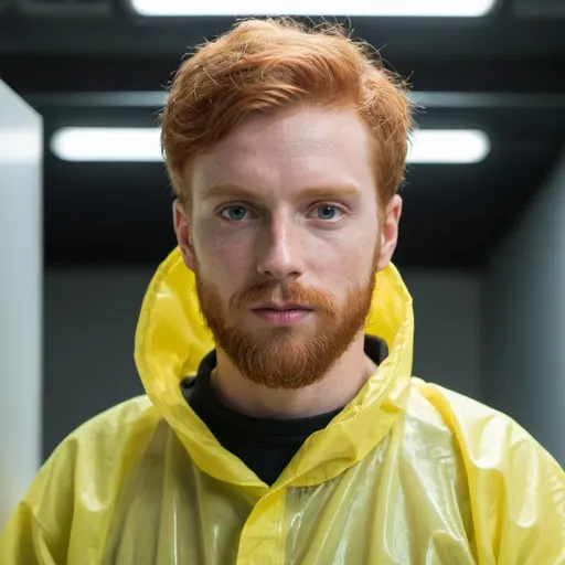 Prompt: young red haired man with beard in hazmat suit