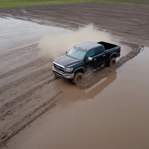 Prompt: a drone shot of a pickup truck doing donuts in the mud