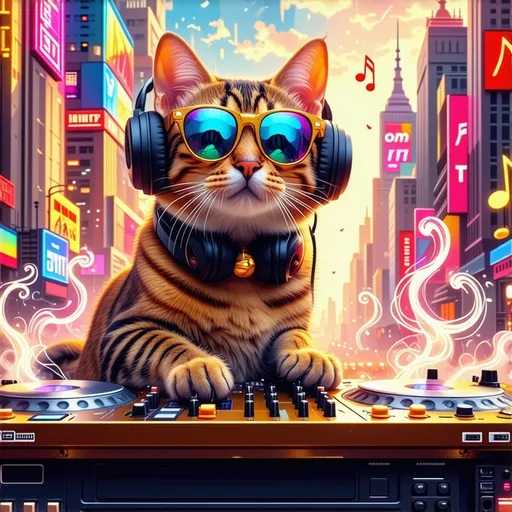 Prompt: surreal DJ cat with a cool colorful sunglasses, headphones over the head, looking posh and rich.