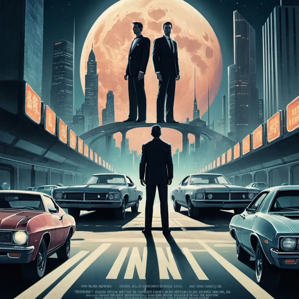 Prompt: a movie poster with two men standing in front of a city with cars and a full moon in the background, Christopher Moeller, panfuturism, movie poster, poster art