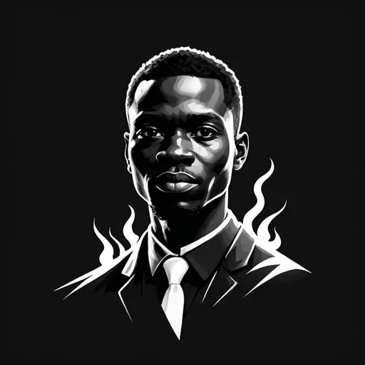 Prompt: Create a profile photo logo that embodies the concept of 'Lighten the Dark.' The design should feature a simple full shadow image of a African man standing courageously, a light symbol burning in his chest part, creatively sharp all with black and white background 
