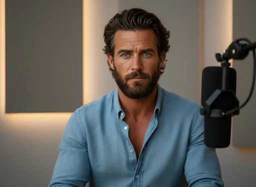 Prompt: Austin sits front-facing in a minimalist podcast studio, wearing a blue collared linen shirt, slightly open at the neck. The shirt stretches subtly across his broad chest and arms, emphasizing strength without aggression. His forearms rest naturally in frame, veins faintly visible, relaxed but present. His thick, dark hair is styled back with effortless volume, and his eyes meet the camera with calm focus — like a man choosing his words carefully. Behind him, the background is softly blurred: neutral tones, acoustic panels, warm studio lighting, and the suggestion of a microphone just out of focus. The mood is intimate and intentional. This is a man speaking honestly — not to impress, but to connect. The image feels authoritative, reflective, and emotionally safe — perfect for short podcast reels about men’s struggles, growth, and truth.