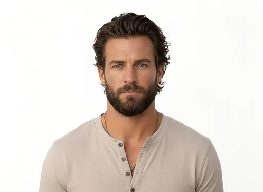 Prompt: A front-facing portrait of a masculine man in his late 30s with piercing blue eyes, a strong jawline, and a full, well-groomed beard. He is centered in the frame from mid-chest up, standing relaxed but grounded. He wears a soft beige henley shirt made of lightweight cotton, fitted but not tight, with three buttons at the collar, the top one undone. The fabric drapes naturally across his broad shoulders and chest, suggesting quiet strength without exaggeration.

His thick, dark brown hair is medium length and styled back casually with natural volume, slightly tousled at the sides, as if shaped by hand rather than heavily styled. His expression is calm, steady, and introspective — emotionally open but composed. He looks directly into the camera, creating an immediate sense of trust and presence.

The background is pure white or very light neutral, evenly lit with soft, diffused studio lighting. There are no props, no distractions, no dramatic shadows. The focus is entirely on his face and posture. The overall mood is warm, grounded, and emotionally masculine — a man who has experienced struggle and understands it, without needing to explain himself.