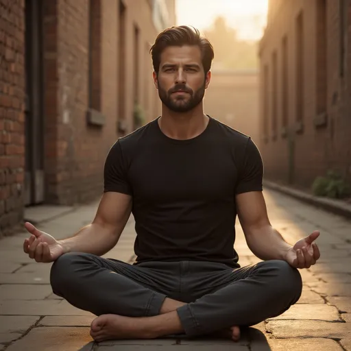 Prompt: @Cv2W2TQlNrNjOxJwPBER calm intensity, sitting cross-legged in meditation. He wears simple, dark neutral clothing—a fitted black tee and relaxed charcoal joggers—conveying minimalism and strength. His posture is upright, hands resting lightly on his knees in a mudra pose, eyes gently closed, exuding discipline, peace, and resilience. The setting is serene yet powerful: golden sunlight streaming through tall windows of an industrial loft with exposed brick walls, or alternatively, a quiet outdoor backdrop with warm sunlight casting long shadows across stone steps. Dust particles float in the light, creating a cinematic atmosphere. His expression is composed, as if wrestling inner battles but mastering stillness. Shot in medium format realism with soft cinematic tones, sharp detail, and shallow depth of field. Mood: masculine, stoic, resilient, visually embodying the inner fight men rarely show but must conquer. Editorial, magazine-worthy, campaign-ready visual.