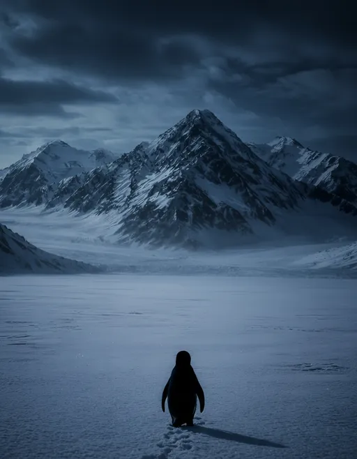 Prompt: A lone penguin seen from behind, walking slowly across a vast frozen plain toward a towering, jagged snow-covered mountain range in the distance. The penguin is small and centered in the frame, leaving faint footprints in the snow. The sky is filled with deep arctic-blue clouds, cool navy and steel-blue tones, softly layered and moody rather than gray. Cold blue lighting throughout the scene, cinematic contrast, subtle moonlight filtering through the clouds. Ultra-realistic, dramatic scale, minimalism, silence, desolate arctic landscape, existential and nihilistic mood, 8K detail, atmospheric haze.