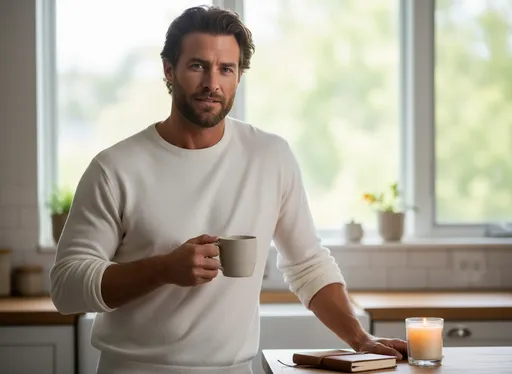 Prompt: Bathed in soft morning light, Austin stands by his kitchen window in a white crewneck sweater with relaxed rolled sleeves. His hair is slightly tousled, as if he’s just woken up and hasn’t styled it — and that’s the point. In one hand, a ceramic mug. On the counter, a leather-bound journal and a half-burnt candle. He looks calm, more open — a man in the middle of healing. His jaw is clean-shaven, his posture grounded. This is the Austin who writes gratitude lists, who speaks slowly and clearly about rebuilding from rock bottom. He’s the man reminding others that soft doesn’t mean weak — that peace is the new power.