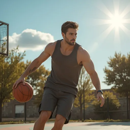 Prompt: @Cv2W2TQlNrNjOxJwPBER is outside playing basketball on a bright sunny day. He is wearing nice gym clothes. Keep in mind his height is 6" 1 and he has broad muscular arms